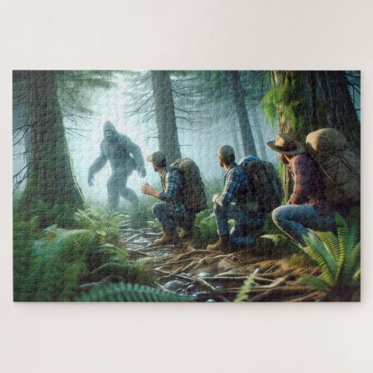 Bigfoot Encounter with hikers, Forested Backdrop ジグソーパズル (横)