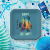 Bigfoot Forest Sunset Silhouette Happy Birthday  ペーパープレート (パーティー)