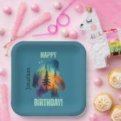 Bigfoot Forest Sunset Silhouette Happy Birthday  ペーパープレート (パーティー)