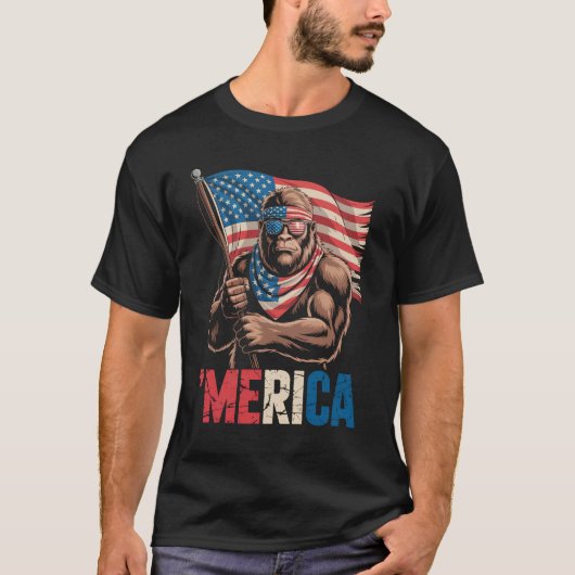 Bigfoot Merica American Flag Sasquatch Lover USA Tシャツ (正面)