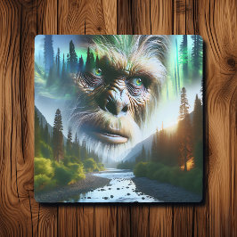Bigfoot, Mountains, River and Forest メタルプリント