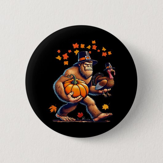 Bigfoot Pilgrim Hat Turkey Day Pumpkin Thanksgivin 缶バッジ (正面)
