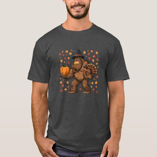 Bigfoot Pilgrim Thanksgiving Turkey Pumpkin Tシャツ (正面)