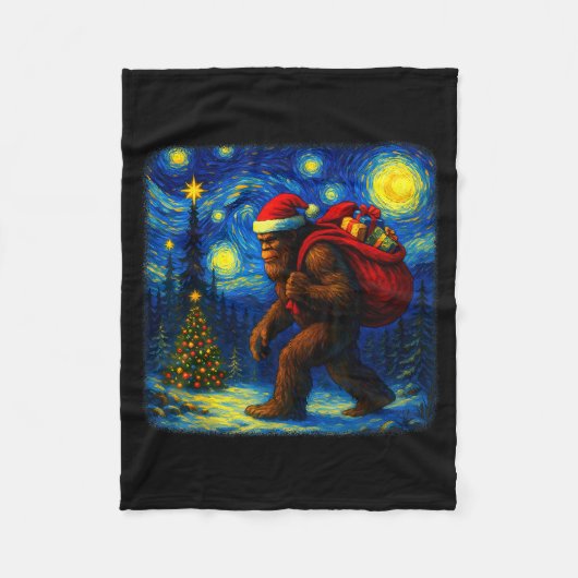 Bigfoot Santa Christmas Starry Night Sasquatch Van フリースブランケット (正面)