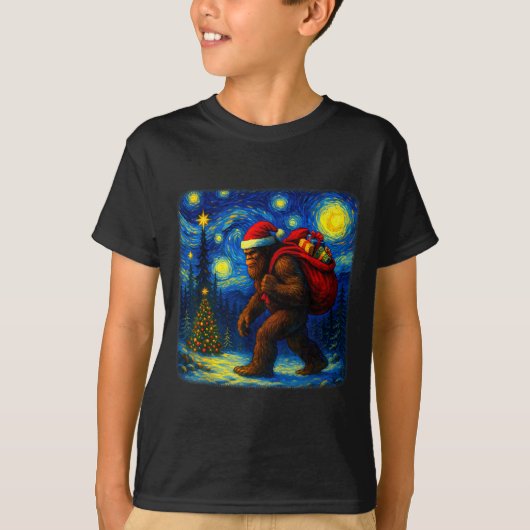 Bigfoot Santa Christmas Starry Night Sasquatch Van Tシャツ (正面)