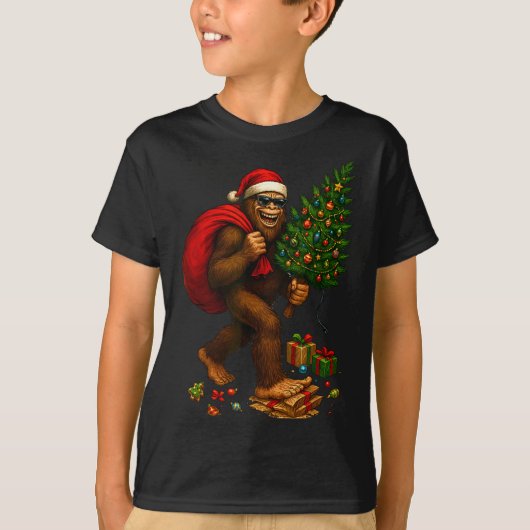Bigfoot Santa Christmas Tree Lights Xmas Boys Men  Tシャツ (正面)