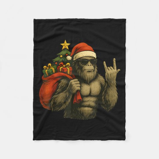Bigfoot Santa Christmas Tree Rock On Funny Xmas Sa フリースブランケット (正面)
