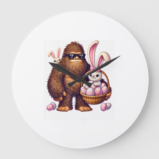 Bigfoot Sasquatch Bunny Easter Eggs Retro Men Boys ラージ壁時計 (正面)
