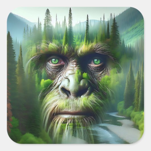 Bigfoot Sasquatch Double Exposure with Forest スクエアシール (正面)