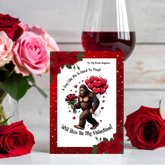 Bigfoot Sasquatch Valentine Romantic Red Glitter  シーズンカード
