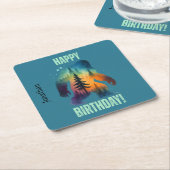 Bigfoot Silhouette Sunset Forest Happy Birthday スクエアペーパーコースター (アングル)