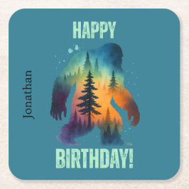 Bigfoot Silhouette Sunset Forest Happy Birthday スクエアペーパーコースター
