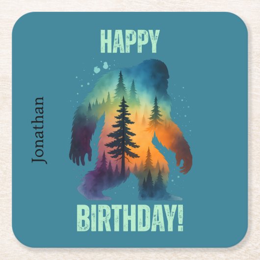 Bigfoot Silhouette Sunset Forest Happy Birthday スクエアペーパーコースター (正面)