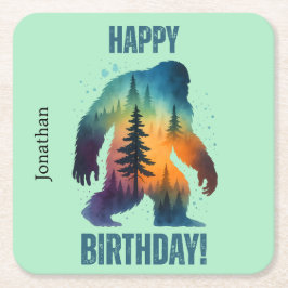 Bigfoot Silhouette Sunset Forest Happy Birthday スクエアペーパーコースター