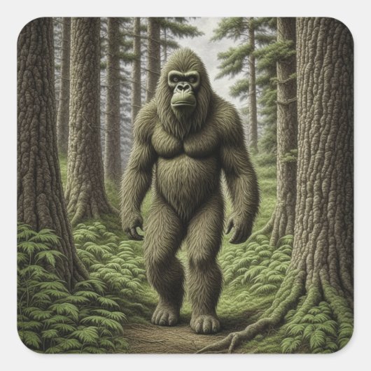 Bigfoot standing in Trees AI art スクエアシール (正面)
