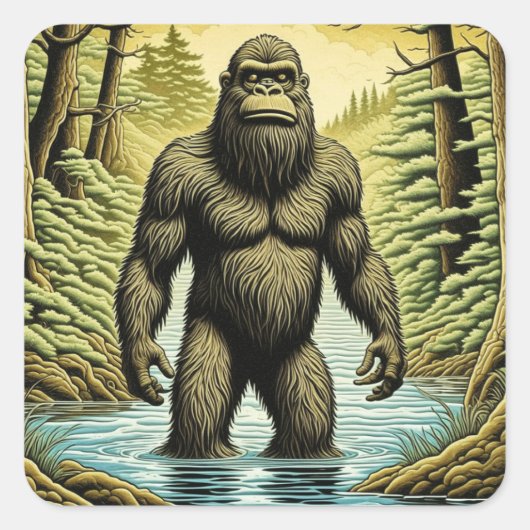 Bigfoot standing in Water Cartoon スクエアシール (正面)