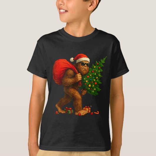 Bigfoot Stealing Christmas Tree Lights Xmas Boys M Tシャツ (正面)