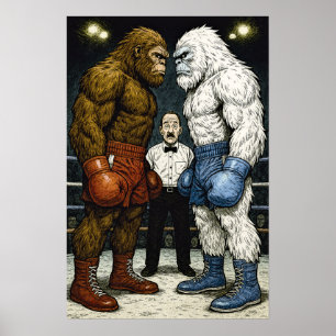 Bigfoot Vs Yeti、ボクシングの試合、A.I漫画アート ポスター