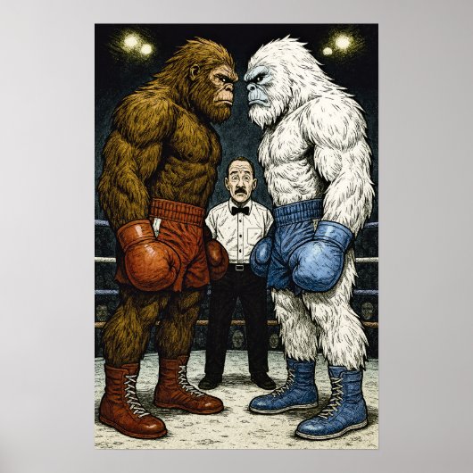 Bigfoot Vs Yeti、ボクシングの試合、A.I漫画アート ポスター (正面)