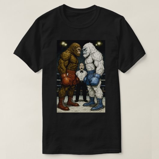 Bigfoot Vs Yeti、ボクシングの試合、A.I漫画アート Tシャツ (デザイン正面)