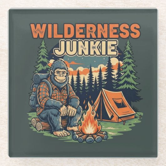 Bigfoot wilderness junkie retro design ガラスコースター (正面)