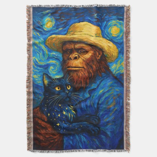 Bigfoot with Cat in Van Gogh Style Starry Night  スローブランケット (正面縦)
