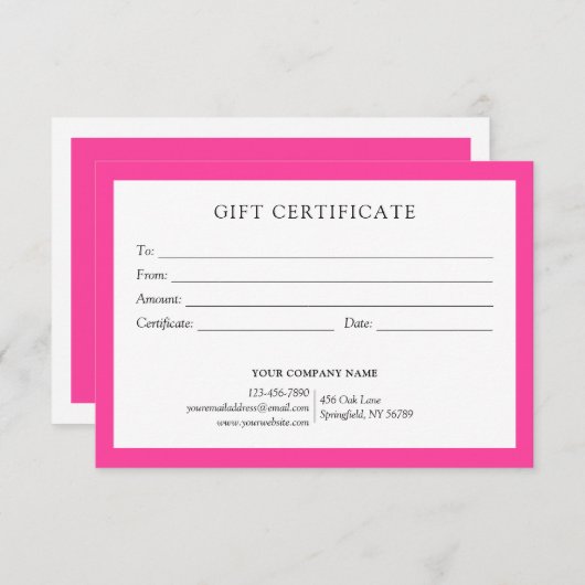 Bightエレガント Pinkビジネスギフト証明書のロゴ (正面/裏面)