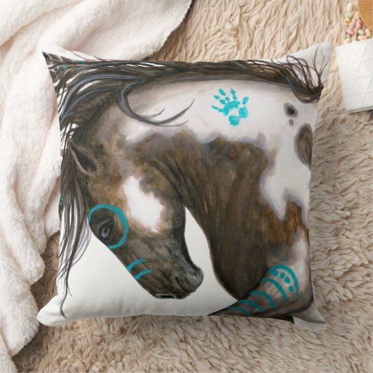 BiHrleの枕による威厳のあるな馬のティール(緑がかった色)戦争ペンキ クッション (ブランケット)