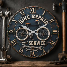 Bike Repair & Service Vintage Bicycle Mechanic ラージ壁時計