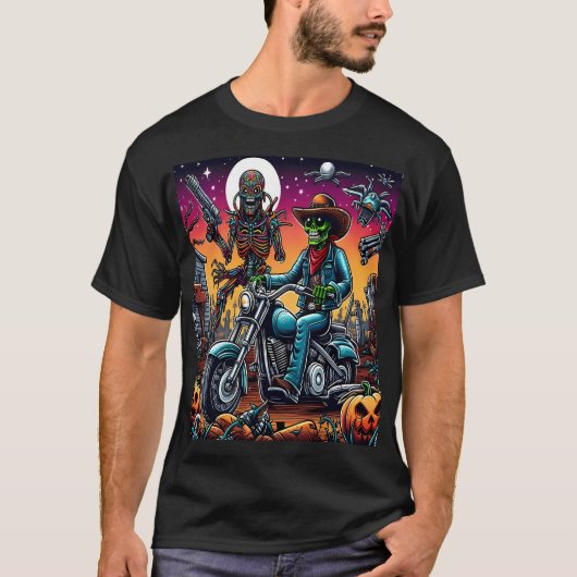 Biker and Alien in Haunted Cemetery Tシャツ (正面)