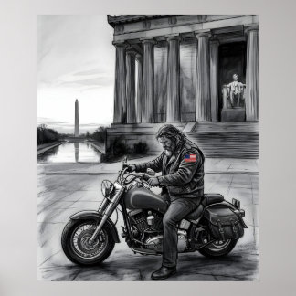 Biker at Lincoln Memorial Washington Monument  ポスター