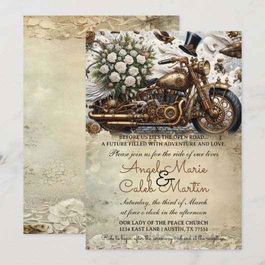 Biker Motorcycle Wedding Gold White 招待状 (正面/裏面)