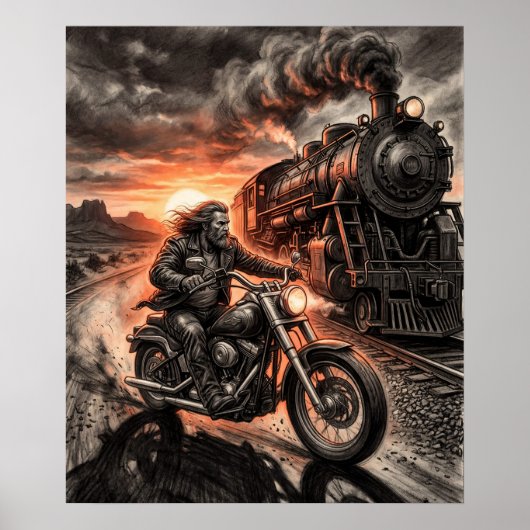 Biker Races Steam Train Desert Sunset Charcoal Art ポスター (正面)