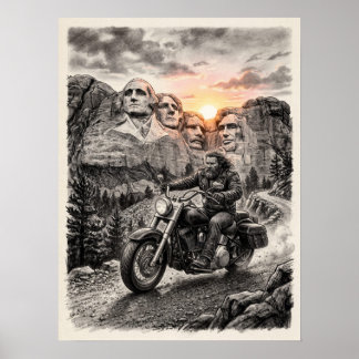 Biker Rides Past Mount Rushmore Presidents Sunset  ポスター