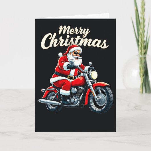 Biker Santa Cool Motorcycle Merry Christmas Black カード (正面)