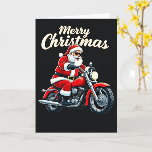 Biker Santa Cool Motorcycle Merry Christmas Black カード (黄色い花)