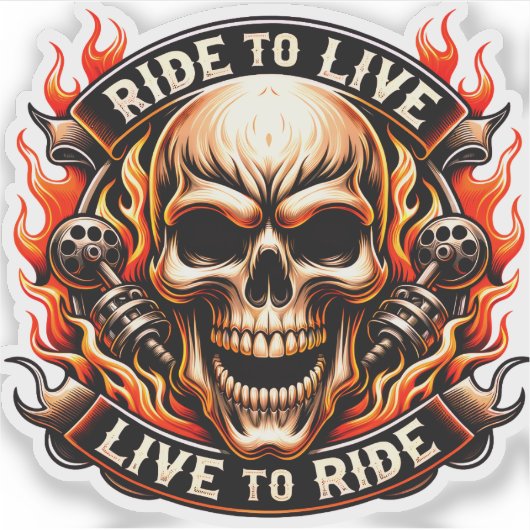 ​Biker Skull Ride to Live Live to Ride Fiery Graph シール (正面)