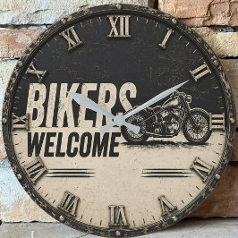 Bikers Welcome Vintage Motorcycle Garage Decor ラージ壁時計