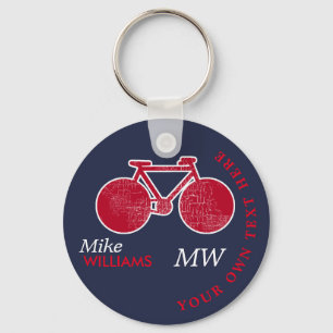 biking, red bike on blue key-chain with name キーホルダー