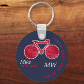 biking, red bike on blue key-chain with name キーホルダー (正面)