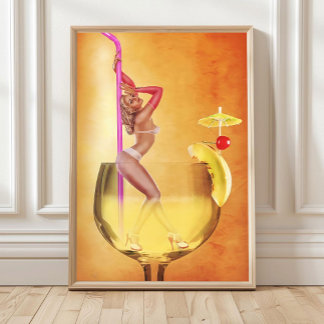 Bikini Woman Inside Cocktail Glass Wall Art, Retro ポスター