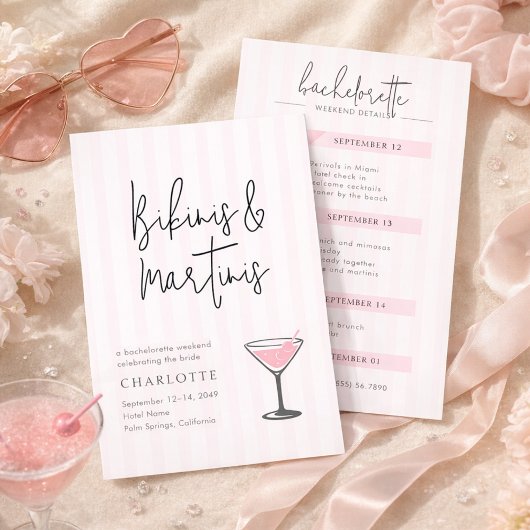 Bikinis and Martinis Pink Bachelorette Weekend Inv 招待状