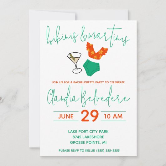 Bikinis and Martinis Themed Bachelorette Party 招待状 (正面)