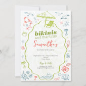 Bikinis & Martinis 2 Hand Drawn Beach Bachelorette 招待状 (正面)