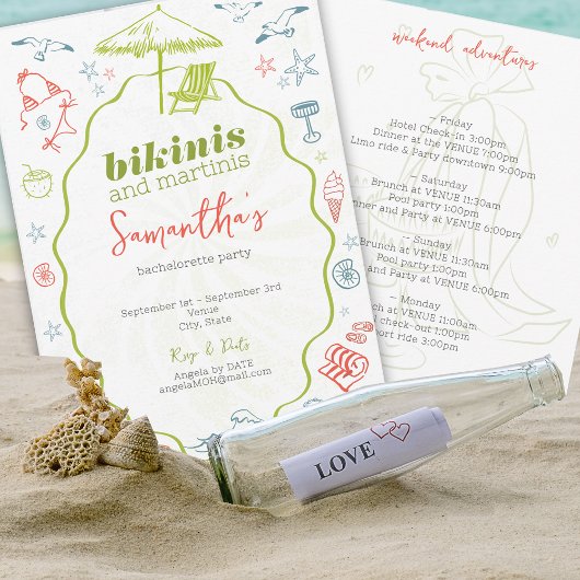 Bikinis & Martinis 2 Hand Drawn Beach Bachelorette 招待状