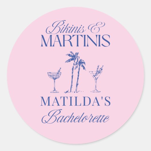Bikinis & martinis Elegant pink blue bachelorette ラウンドシール (正面)