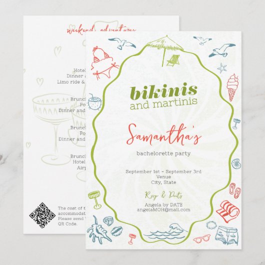 Bikinis & Martinis Hand Drawn Beach Bachelorette 招待状 (正面/裏面)