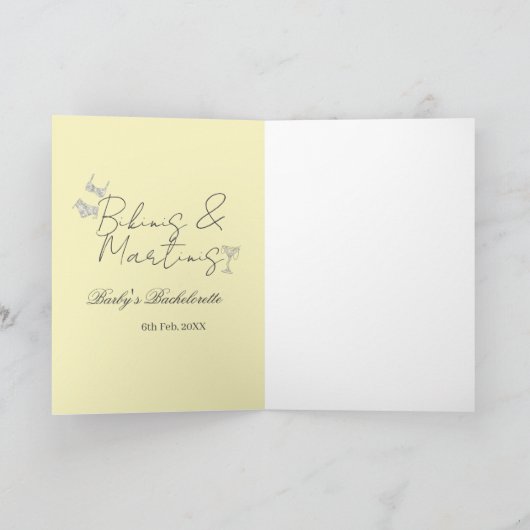 Bikins & Martinis bachelorette party yellow retro カード (内部)