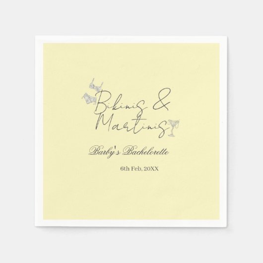 Bikins & Martinis bachelorette party yellow retro スタンダードカクテルナプキン (正面)
