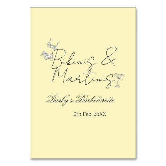 Bikins & Martinis bachelorette party yellow retro テーブルナンバー (正面)
